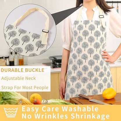 Tosewever 2 Pieces Cotton Linen Waterproof Bib Apron with 2 Pockets - Long Ties Adjustable Neck Strap - Unisex Cooking Kitchen Decorative Pattern Aprons for Women Chef (Triangle/Tree, 2)