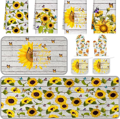 Fourluoo 10 Pcs Sunflower Kitchen Decor Set Butterfly Towels and Rugs Oven Mitts and Pot Holders Farmhouse Sunflower Kitchen Decor Set for Women Mom Gift Cooking Baking Grilling