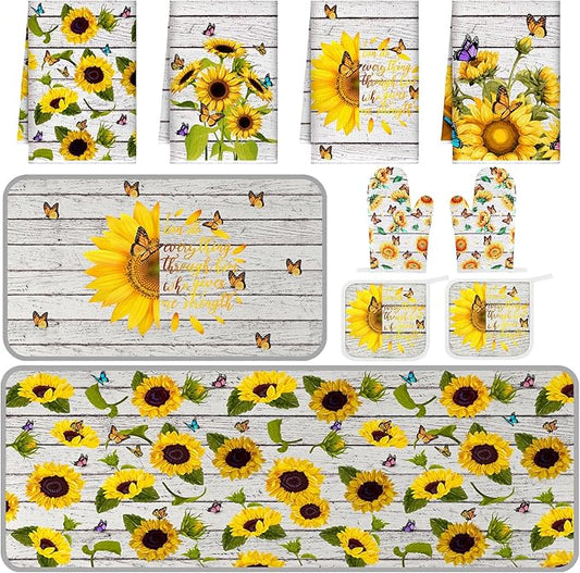 Fourluoo 10 Pcs Sunflower Kitchen Decor Set Butterfly Towels and Rugs Oven Mitts and Pot Holders Farmhouse Sunflower Kitchen Decor Set for Women Mom Gift Cooking Baking Grilling