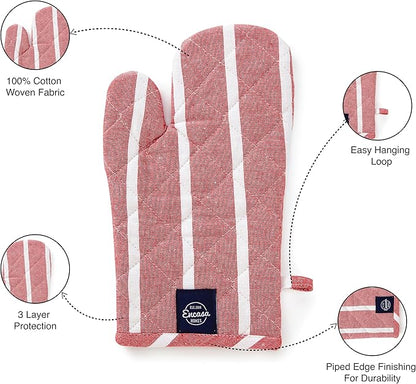 Encasa XO Long 12"x7" Oven Microwave Hand Gloves Mitts (2 pc Set) for Kitchen Cooking & Baking - Heat Resistant, Thick & Safe, Protection of Hands from Hot Utensils - Roma Red Stripes