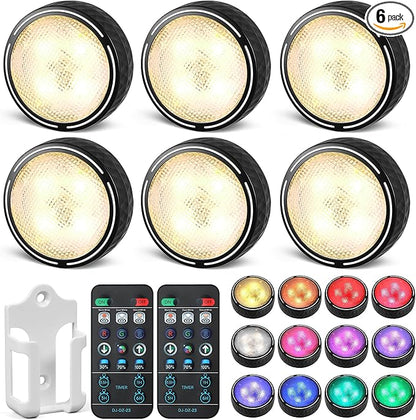 Puck Lights with Remote Control, Battery Operated Wireless LED Under Cabinet Lighting, Warm White & RGB Color Changing Stick on Tap Push Light for Kitchen Counter, Shelf, Closet, 6 Pack, Black