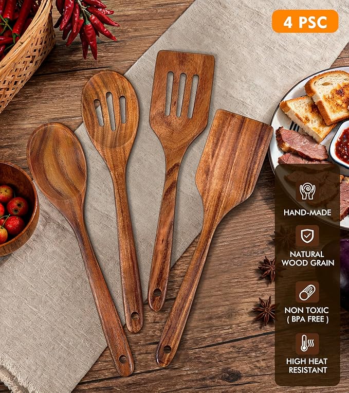 4Pcs Wooden Spatula for Cooking, Acacia Wooden Spatula for Kitchen Use, Nonstick Cookware Safe Utensils Set for Cooking, Mixing, Serving, Draining, Ideal Cooking Utensils Gift - Image 5