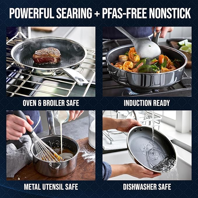 Blue Diamond Hybrid Nonstick Stainless Steel 16 Piece Cookware Set, Tri-Ply PFAS-Free Ceramic Diamond Bond Pots & Pans, Dishwasher & Oven Safe to 850F, Induction Ready, Metal Utensil Safe, Silver - Image 4