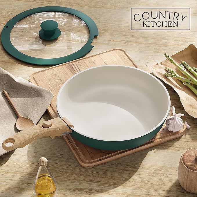 Country Kitchen Cookware Set with Removable Handle, Oven & RV Safe Pots and Pans Set, Sage Wood Handle, Original - Image 9
