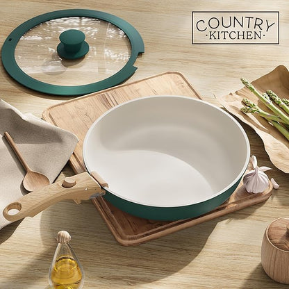Country Kitchen Cookware Set with Removable Handle, Oven & RV Safe Pots and Pans Set, Sage Wood Handle, Original - Image 9