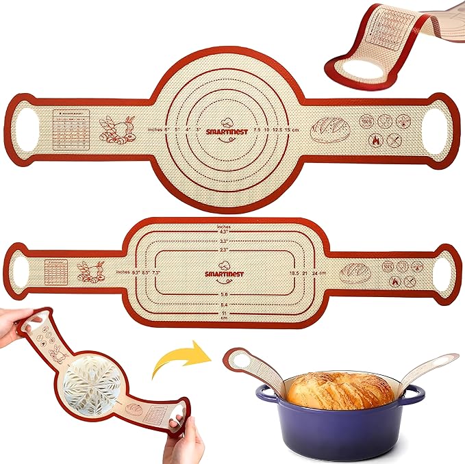 Sourdough Silicone Bread Sling for Dutch Oven, 2PCS Non-Stick Reusable Baking Mat with Long Handles, Essentials Bread Making Supplies for Dough Transfer and Loaf Pan Lifter Liner, Set Of Oval & Round by smartinest