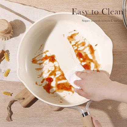CAROTE 10" Ceramic Frying Pan with Lid, Non Stick Frying Pan Skillet Chef's Pan, Healthy & PFOA/PFAS Free, Induction-Compatible, Taupe - Image 4