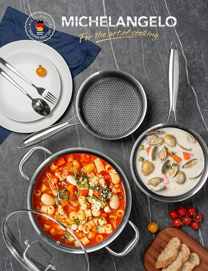 MICHELANGELO 6 Pcs Tri-ply Stainless Steel Pot Set, 2QT & 3QT & 8QT Pot with Lids, Nonstick HoneyComb Interior Cooking Pot Set, Compatible with All Cooktops, Oven & Dishwasher Safe - Image 5