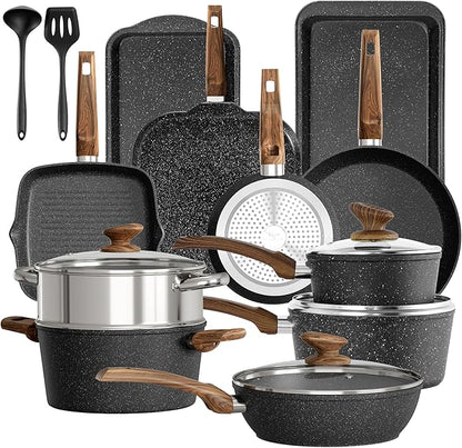 DishDelight 17 Piece Pots and Pans Set Non Stick, Nonstick Induction Granite Kitchen Cookware Set, Non Toxic Cookware Set with Frying Pans and Saucepan, Cooking Sets Pots and Pans, Black by DishDelight