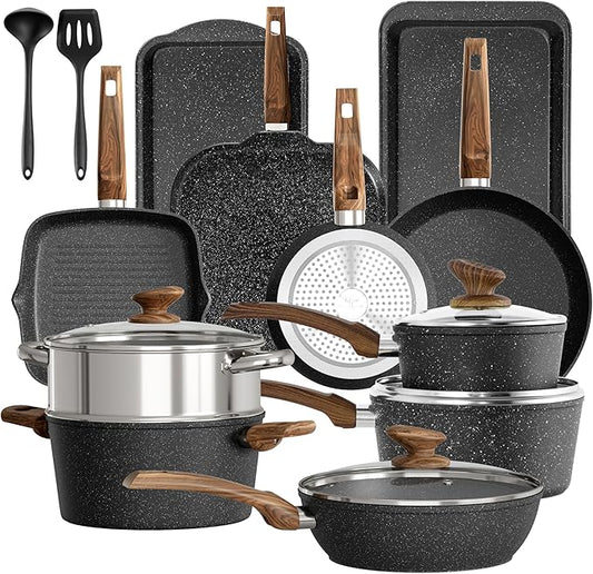 DishDelight 17 Piece Pots and Pans Set Non Stick, Nonstick Induction Granite Kitchen Cookware Set, Non Toxic Cookware Set with Frying Pans and Saucepan, Cooking Sets Pots and Pans, Black by DishDelight