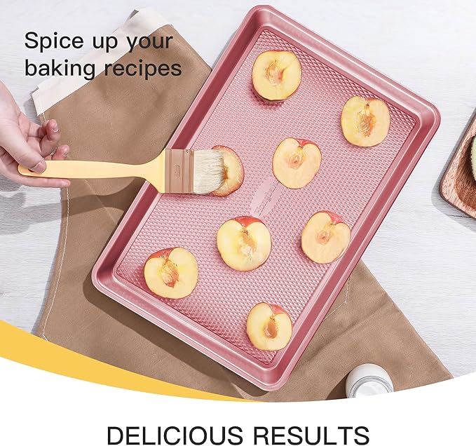 HONGBAKE Baking Sheet Pan Set, Cookie Sheets for Oven, Nonstick Half/Quarter/Jelly Roll Pans with Diamond Texture Pattern, Heavy Duty Cookie Tray, Pink - Image 8