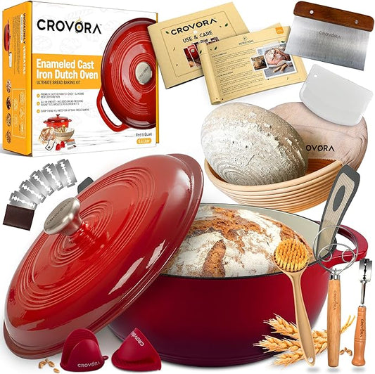 Crovora 6 QT Enameled Cast Iron Dutch Oven for Bread Baking with Lid - Incl. Sourdough Bread Baking Supplies like Banneton Bread Proofing Basket, Cast Iron Bread Oven, Bread Pan, bread making tools