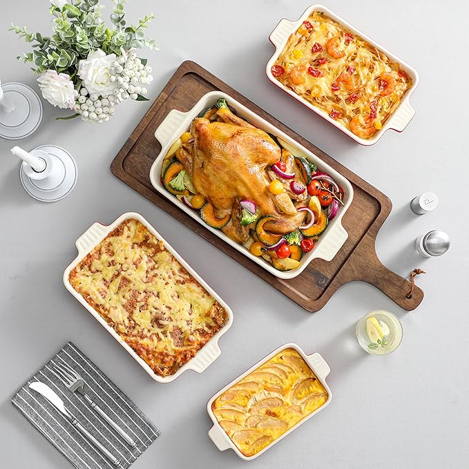 Bakeware Set of 4, MALACASA Porcelain Baking Pans Set for Oven, Casserole Dish, Ceramic Rectangular Baking Dish Lasagna Pans for Cooking Cake Pie Dinner Kitchen, Red (9.5"/11.25"/12.75"/14.5") - Image 5