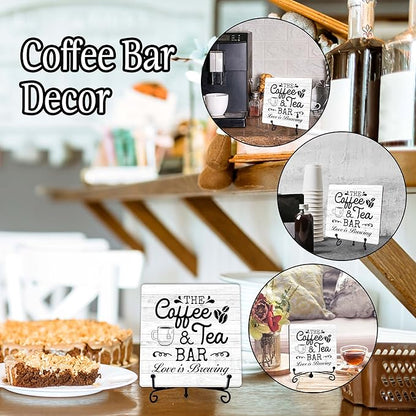 Coffee Bar Sign, Love is Brewing Farmhouse Tabletop Decor, Coffee and Tea Lover Gifts, 5x5 Wood Plaque with Iron Stand for Home Kitchen Cafe, Coffee Bar Decor – L09 - Image 3