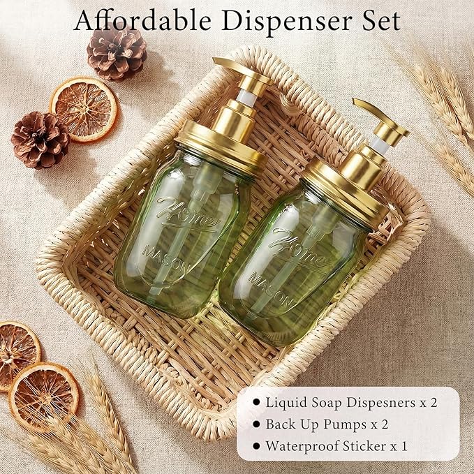 Amolliar Plastic Mason Jar Soap Dispenser with Pump Lid,16OZ Refillable Hand Soap Dispenser Set with Cute Lables - Farmhouse Decor for Kitchen Bathroom, Liquid Soap, Dish Soap, Lotion (2 Pack, Green) - Image 6