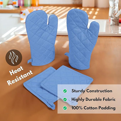 Native Fab Pot Holders and Oven Mitts Sets for Kitchen Heat Resistant - Hanging Non-Slip - 100% Cotton Kitchen Oven Mitts and Pot Holders 4-Piece Set - Blue - Image 7