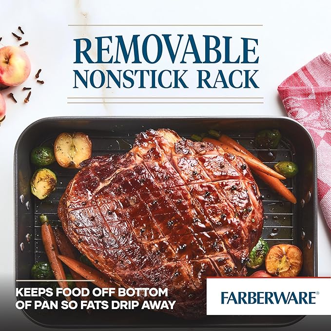 Farberware Bakeware Nonstick Steel Roaster with Flat Rack, 11-Inch x 15-Inch, Gray - Image 4