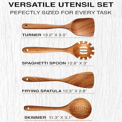Extra-Large 4-Piece Teak Wooden Utensil Set – Non-Stick Wooden Spatula for Cooking, Skimmer Spoon & Spaghetti Spoon – Non Toxic Cooking Utensils - Image 6