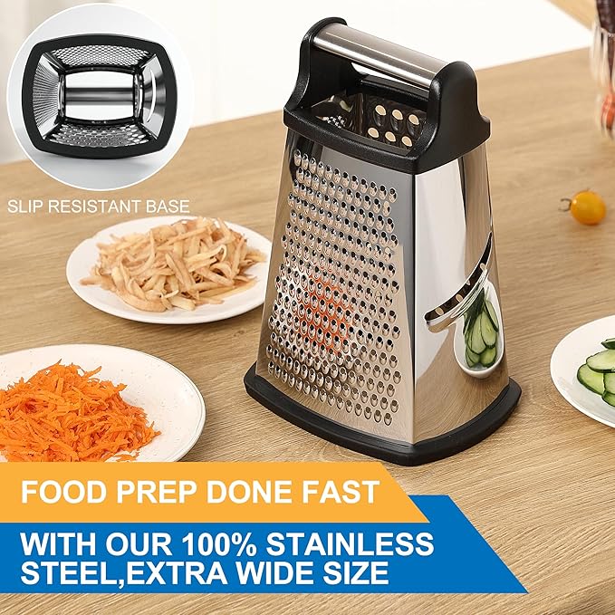 Professional Cheese Grater - Stainless Steel, XL Size, 4 Sides - Perfect Box Grater for Parmesan Cheese, Vegetables, Ginger - Dishwasher Safe - Black - Image 5