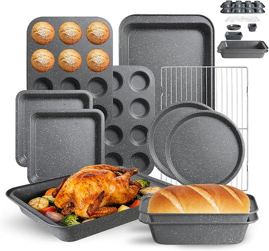 11-Piece Nonstick Baking Pans Set - Professional Grade Carbon Steel Bakeware with Premium Coating- Dishwasher Safe, Stackable, Oven Safe to 450°F (Steel Gray) by Unknown