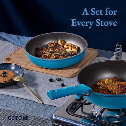 CAROTE 21pcs Pots and Pans Set, Nonstick Cookware Set Detachable Handle, Induction Kitchen Cookware Sets Non Stick with Removable Handle, RV Cookware Set, Peacock Blue - Image 4