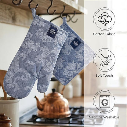 Encasa XO Heat Resistant 100% Cotton Oven Glove & Potholder Set with Loop, Kitchen Cooking Mittens, Microwave Safe Hot Pads (Floral Blue)