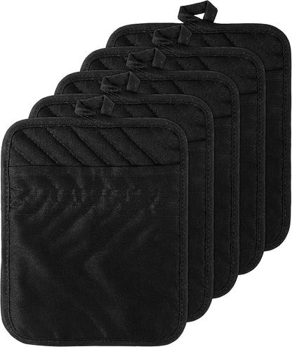 GROBRO7 5Pack Cotton Pocket Pot Holder Set Kitchen Heat Resistant Potholder Machine Washable Hot Pads Bulk Oven Mitts Black Plain Hot Pads Trivet for Baking Cooking with Pocket 7x9 by GROBRO7