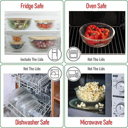 Stackable Space-Saving Set of 5 Nesting Glass Bowls with Bamboo Lids for Foodprep, Storage, Baking, Mixing & Cooking, Microwave & Oven Safe BPA Free Heat Resistant Inert Borosilicate Glass - Image 6