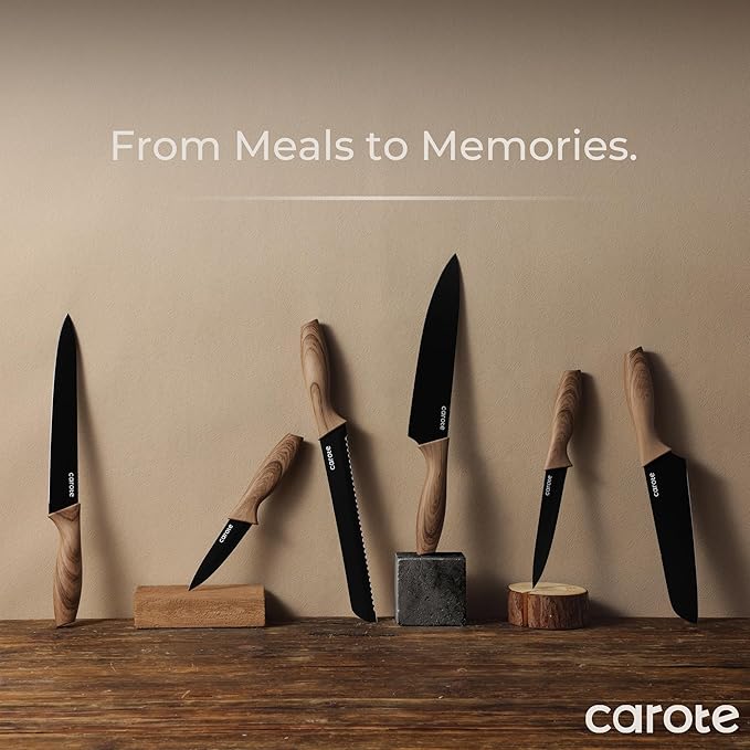 CAROTE 12PCS Knife Set, Stainless Steel Kitchen Knife Set with Nonstick Ceramic Coating, 6 Knives with Blade Guards, Rustproof, Easy-Clean, Black - Image 7