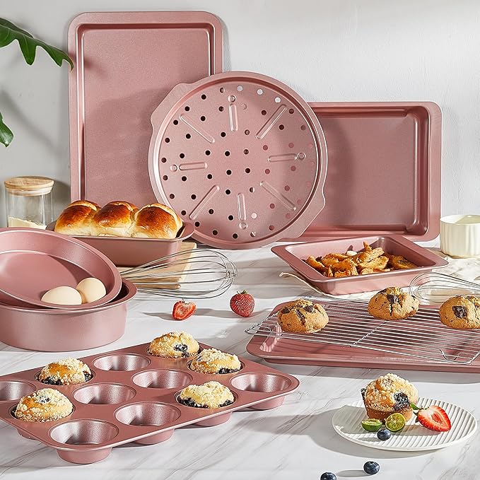 HONGBAKE Bakeware Sets, Baking Pans Set, Nonstick Oven Pan for Kitchen with Wider Grips, 10-Piece Including Rack, Cookie Sheet, Cake Pans, Loaf Pan, Muffin Pan, Pizza Pan - Pink - Image 2