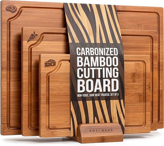 EDELHAUS Carbonized Bamboo Cutting Boards – Cutting Board Set of 3 Heat Treated for Rich Color & Lower Moisture Absorption, Chopping Boards with Juice Groove, Non-Toxic, FSC Certified incl. Stand
