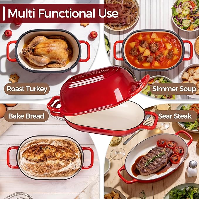 Oval Dutch Oven for Bread Baking, 12 x 8 Inch Cast Iron Bread Oven for Sourdough, Dutch Oven Bread baking Pan for a Crispy Crust, 5QT, Cherry