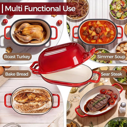 Oval Dutch Oven for Bread Baking, 12 x 8 Inch Cast Iron Bread Oven for Sourdough, Dutch Oven Bread baking Pan for a Crispy Crust, 5QT, Cherry