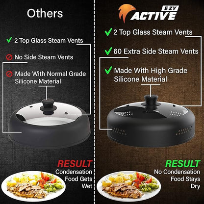 Microwave Cover for Food, Silicone and Glass Splatter Guard Lid for 6–7–8–9-10-11-12 inch Plates & Bowls. By EZY ACTIVE.