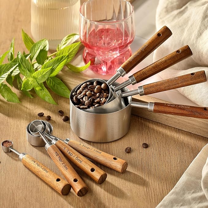 8PCS Measuring Cups, DAJLFA Stainless Steel Measuring Cups and Spoons Set with Ergonomic Wooden Handle for Cooking & Baking - Image 5