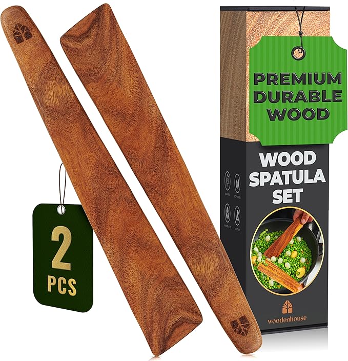 Wooden Spatula for Cooking Set of 2-12 Inch Teak Spatula for Non Stick Frying Pan - Turner & Flipper for Cast Iron, Egg & Pancake Scraper - BPA Free & Heat Resistant Wooden Cooking Utensils by Woodenhouse