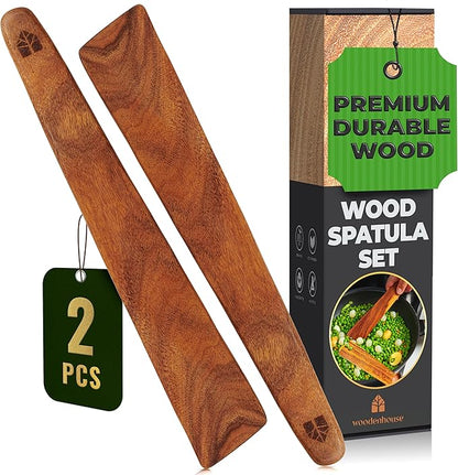Wooden Spatula for Cooking Set of 2-12 Inch Teak Spatula for Non Stick Frying Pan - Turner & Flipper for Cast Iron, Egg & Pancake Scraper - BPA Free & Heat Resistant Wooden Cooking Utensils by Woodenhouse