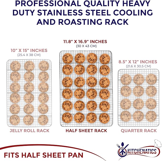 KITCHENATICS 100% Stainless Steel Cooling Racks for Baking & Roasting | Heavy-Duty Wire Grid Fits 13x18 Half Sheet Pans | Oven-Safe to 575°F for Crispy Bacon & Even Airflow | Dishwasher Safe, Set of 2