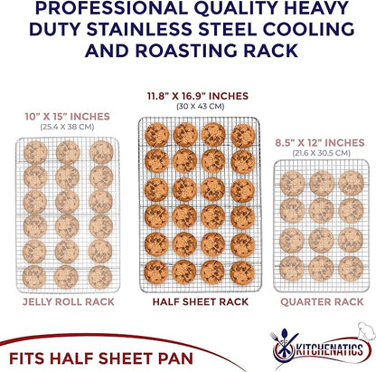 KITCHENATICS 100% Stainless Steel Cooling Racks for Baking & Roasting | Heavy-Duty Wire Grid Fits 13x18 Half Sheet Pans | Oven-Safe to 575°F for Crispy Bacon & Even Airflow | Dishwasher Safe, Set of 2