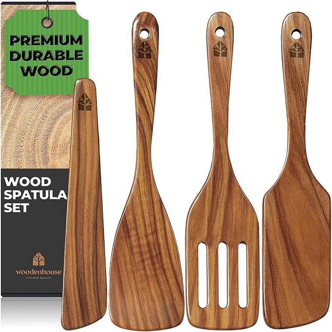 Wooden Spatula for Cooking - Natural Teak Wood Spatula for Non Stick Frying Pan - Wooden Cooking Utensils Set of 4 Including Paddle, Turner, Slotted Spurtle and Wood Scraper - Long Ergonomic Handles by Woodenhouse