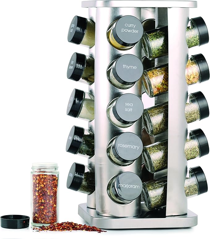 Orii 20 Jar Rotating Spice Rack with Spices Included & 5-Year Free Spice Refill Program – Stainless Steel Countertop Spice Rack with 3 oz Glass Jars by Orii