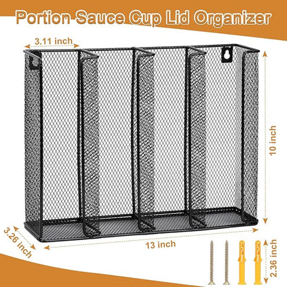 Wall Mount Portion Sauce Cup Lid Organizer 4 Compartments Iron Sauce Cup Dispenser Black Cup and Lid Holder Organizer Fits Cups Size 2 to 5.5 oz For Kitchen Counter Restaurant Coffee Bar 13x10x3.3 In
