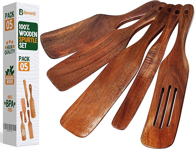 5-Piece Wooden Spurtle Set – Acacia Wood Kitchen Tools for Cooking, Mixing & Stirring – Non-Stick Safe Spurtle Spatula Set