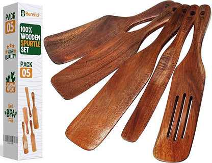 5-Piece Wooden Spurtle Set – Acacia Wood Kitchen Tools for Cooking, Mixing & Stirring – Non-Stick Safe Spurtle Spatula Set
