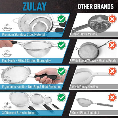 Zulay Kitchen Premium Stainless Steel Fine Mesh Strainer Set - Strainers For Kitchen (Set of 3) With Non-Slip Handles - Includes A Small, Medium & Large Fine Mesh Sieve Set - Durable Metal Strainer