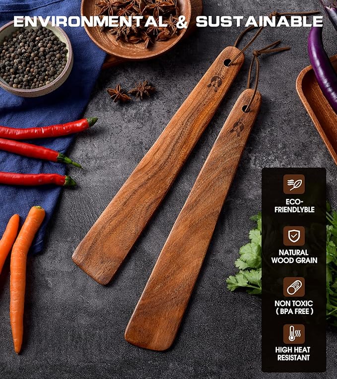 12 inch Teak Wooden Spatula for Cooking, Small Wood Flipper, Egg Scraper, Flat Wood Turner, Multipurpose Wooden Cooking Utensils, Spatulas Spoons Perfect for Flipping, Scraping & Turning, Set of 2 - Image 2
