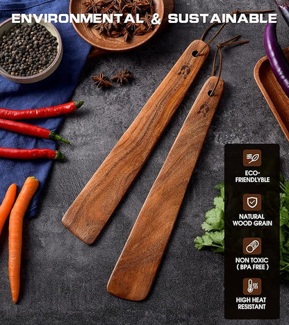 12 inch Teak Wooden Spatula for Cooking, Small Wood Flipper, Egg Scraper, Flat Wood Turner, Multipurpose Wooden Cooking Utensils, Spatulas Spoons Perfect for Flipping, Scraping & Turning, Set of 2 - Image 2