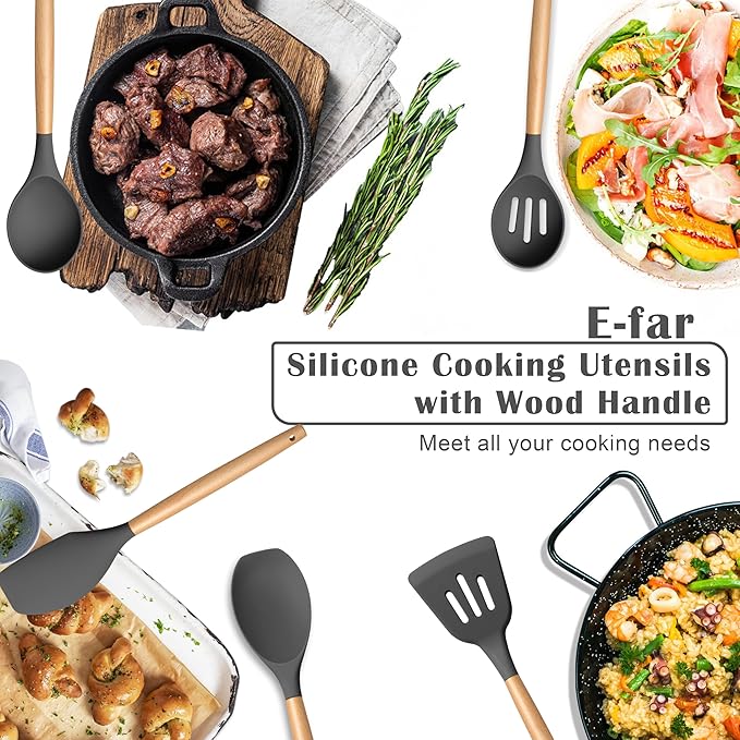E-far Silicone Cooking Utensils Set, 5-Piece Kitchen Utensils Set with Wooden Handle for Cooking, Silicone Kitchen Nonstick Tools Spatula Turner Slotted Spoons, Nontoxic & Heat Resistant-Gray - Image 6