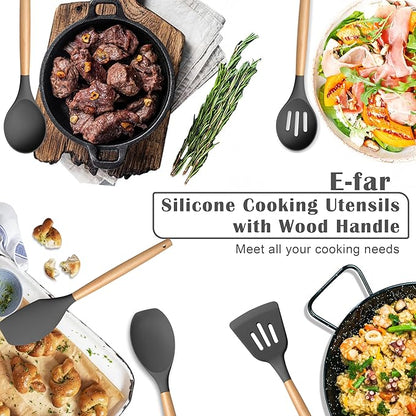 E-far Silicone Cooking Utensils Set, 5-Piece Kitchen Utensils Set with Wooden Handle for Cooking, Silicone Kitchen Nonstick Tools Spatula Turner Slotted Spoons, Nontoxic & Heat Resistant-Gray - Image 6