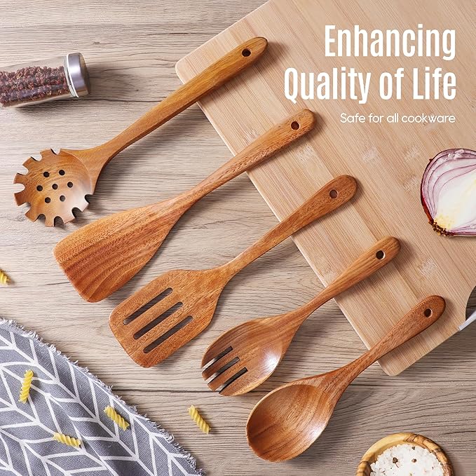 5 PCS Wooden Spoons for Cooking Natural Teak Kitchen Utensils Set Smooth Non-Stick Surface Cooking Utensils Set Soft Comfort-Grip Wooden Spatula Set - Image 7
